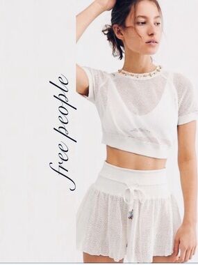 FREE PEOPLE Cream Crocheted Boho Matching Set Crop Top & Shorts